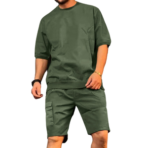 Ensemble t-shirt et short pour homme, hiver, décontracté, logo brodé personnalisé, jersey 100% coton respirant, épaules tombantes - Product Image 1