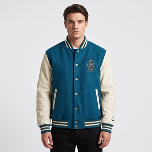 <b>Mens</b> Teal <b>Cream</b> Leather Sleeve <b>Jacket</b> Nautical Embroidery Custom Bomber Streetwear Snap Button Premium Outerwear - Product Image 1