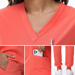 Ensemble d'uniformes médicaux unisexes à col en V avec pantalon droit et tissu tricoté – Vente en gros - Product Image 4