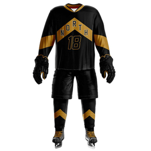 Ensemble uniforme de hockey North 18 noir et or, impression par transfert thermique, respirant, 100 % polyester, maillot, short, gants et patins pour homme adulte - Product Image 2