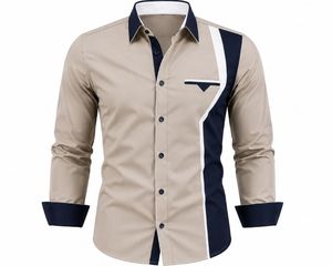 Camisa de Vestir para Hombre en Color Beige y Azul Marino con Bloques de Color, Manga Larga, Cuello Clásico, Estilo Casual Elegante, Tela Popelina, para Primavera - Product Image 1