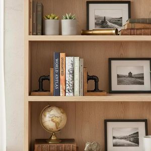 Industrial Pipe <b>Bookends</b> Rustic Solid Wood Heavy Duty Metal Pipe Book Ends Vintage Farmhouse Bookshelf Organizer Decorative Book - Product Image 2