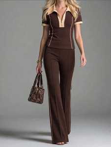 Ensemble deux pièces pour femme, col polo zippé à manches courtes, pantalon long à blocs de couleur marron, survêtement - Product Image 1