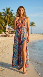 Vestidos Casuales Maxi de Talla Única, Estilo Bohemio, de Seda, Corte A, Estampado Floral, Cuello en V, Sin Mangas, Estilo Coreano, para Verano - Product Image 2