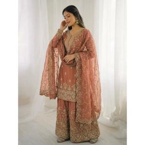 Designer GMY <b>Silk</b> <b>Kurta</b> Set Embroidery Sequence Work with Palazzo and Dupatta Ready to Wear Traditional Outfit for Women - Product Image 1