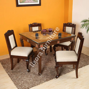 Luxury Handcrafted Solid Wood 4 Seater <b>Dining</b> <b>Table</b> Set Ornate Carving <b>Glass</b> Top Premium Finish - Product Image 5