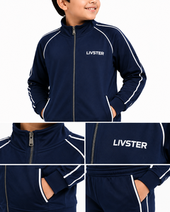 Ensemble veste zippée intégrale et pantalon de jogging assorti Livster Kids bleu marine en softshell 100% coton, vêtements de sport haut de gamme pour garçons - Product Image 4