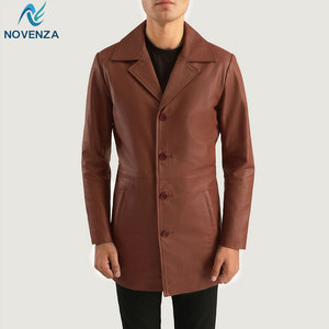 Rugged <b>Men's</b> Genuine Leather Reversible Trench Coat <b>Winter</b> Outerwear Jacket Warm Lined Button Closure for Casual Outdoor Use - Product Image 1