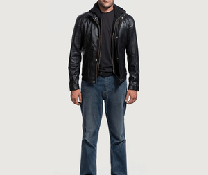 <b>Men's</b> Black Genuine <b>Leather</b> Moto <b>Jacket</b> Hooded Zipper Closure Regular Sleeve Solid Color Autumn Style - Product Image 1
