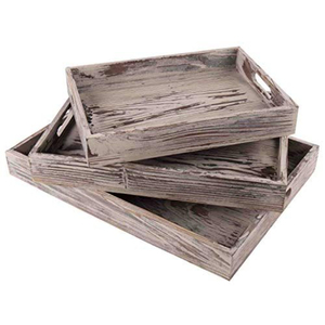 Plateau de service décoratif rectangulaire en bois brun et métal, plateau en pin avec poignées pour la décoration moderne de la maison de style farmhouse - Product Image 2