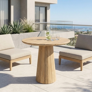 Robi <b>Round</b> Outdoor <b>Table</b> Modern Solid Teak Wood <b>Garden</b> Furniture Elegant Conical Pedestal Base For Patio Contemporary Home Decor - Product Image 3
