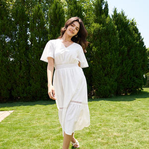 2026 ग्रीष्मकालीन v गर्दन की पुफ आस्तीन एक लाइन शादी के अतिथि पोशाक लंबे बोहो सफेद मिडी पोशाक - Product Image 5