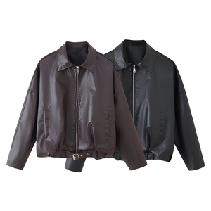 Chaqueta de cuero PU para mujer, estilo motociclista corto, con cuello vuelto, cremallera y hebilla, abrigo de otoño - Product Image 2
