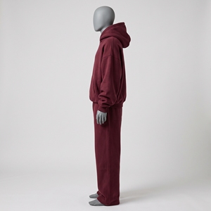 Solid <b>Burgundy</b> Oversized Sweatsuit <b>Men</b> Cream Varsity Letter <b>Hoodie</b> Wide Leg Sweatpants Leg Logo Maroon Hood Pants Set Plain Look - Product Image 3