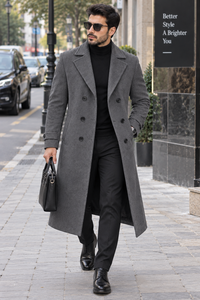 Manteau long en laine pour homme, double boutonnage, revers cranté, épais, pour l'hiver, classique, gris anthracite, style trench-coat formel pour affaires - Product Image 3