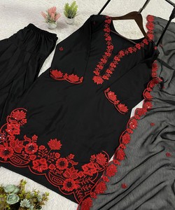 Conjunto de Top y Patiyala de Crepé de Seda con Bordado de Lentejuelas, Estilo Elegante, con Dupatta, Ropa Casual, Precio al por Mayor, Prenda Étnica, Rojo - Product Image 5