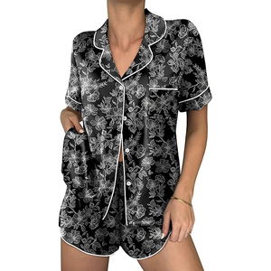 Conjunto de pijamas de satén de manga corta para mujer, ropa de dormir con botones y estampado floral, ropa de dormir informal de verano, conjunto de 2 piezas - Product Image 1