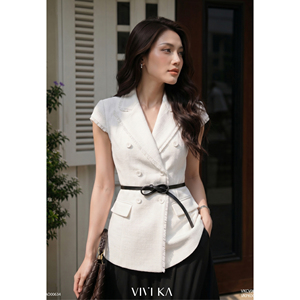 Chaleco Blazer Elegante de Tweed Blanco para Mujer, Doble Botonadura, Manga Casquillo, Oficina, Negocios, Diseño Personalizado ODM OEM ELENA - Product Image 3