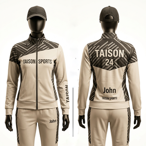 Conjunto Deportivo de Bádminton para Mujer, 280 GSM, Tela de Poliéster y Elastano, Diseño de Paneles Geométricos en Beige y Negro, Logotipo Personalizado por Sublimación - Product Image 1