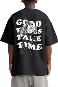 T-shirts graphiques vintage pour hommes, imprimé floral et lettres surdimensionnés, style streetwear rétro, décontractés, coupe ample, en coton - Product Image 5