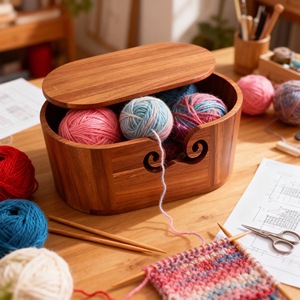 Panier de couture ovale en bois, design simple, support de rangement artisanal durable avec découpe - Product Image 6
