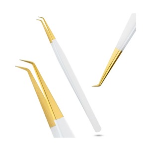 Pinzas Curvas para Pestañas con Mango Blanco y Punta Dorada, Pinzas de Precisión para Extensión de Pestañas, Herramienta de Belleza para Aplicación de Pestañas de Volumen - Product Image 2