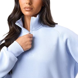 Sweat-shirt à col montant en molleton 100 % coton bleu clair pour femme, fermeture éclair quart de tour, manches longues, tenue décontractée - Product Image 3