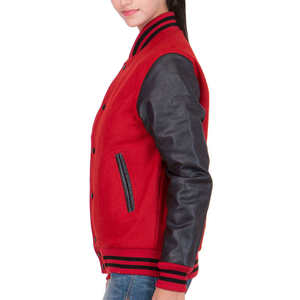 <b>Red</b> Color Women Varsity <b>Jacket</b> With Genuine Leather Sleeve Slim Fit Breathable Fleece Plain Winter <b>Jacket</b> Wholesale OEM ODM - Product Image 2