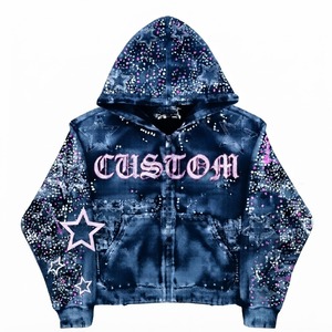Sudadera con capucha personalizada ecológica 100% algodón con cremallera y pedrería, estampado de estrellas rosas, forro polar oversize, diseño unisex Y2K estilo streetwear - Product Image 3