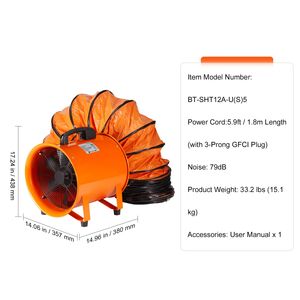 Ventilatore Cilindrico Portatile da 12 Pollici, Tubo Flessibile da 5 Metri, Soffiatore Industriale Potente da 585W, Ventilatore ad Alte Prestazioni per Officina - Product Image 5