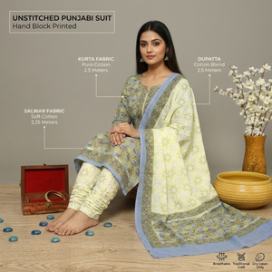 Traje Punjabi Blanco Profesional para Mujer |   Conjunto de Kurti y Pijama con Estampado Floral Indio y Borde Decorativo |   Vestido Sarong de Algodón Pro - Product Image 6