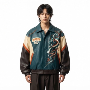 เสื้อแจ็คเก็ตบอมเบอร์หนังสีเขียวอมฟ้าสำหรับผู้ชาย ปักลายมังกรแบบตะวันออก สไตล์คัลเลอร์บล็อก แนวสตรีทแวร์ - Product Image 1
