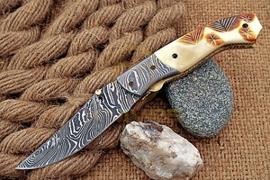 Damascus Steel Drop Point Folding <b>Knife</b> With <b>Bone</b> <b>Handle</b> And Thumb Knob Pocket <b>Knife</b> For Hunting Outdoor Use - Product Image 2