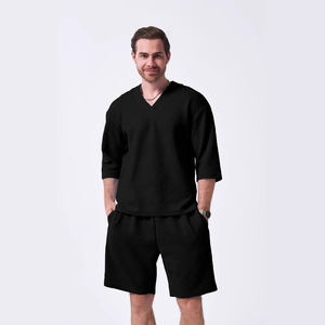 เสื้อเชิ้ตแขนสั้นผู้ชายสไตล์ลำลองถักนิตสีพื้นสำหรับฤดูร้อน คอวี ผ้าฝ้าย 100% แฟชั่นลำลองใส่ได้ทุกวันสำหรับผู้ชาย ขายส่ง - Product Image 4