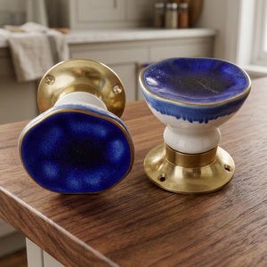 Blue Ceramic <b>Door</b> <b>Knob</b> with <b>Gold</b> Base Round Traditional Style for Cabinet Furniture Handle - Product Image 2