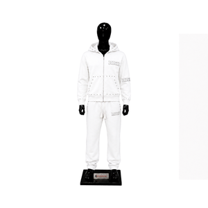 Conjunto Deportivo Blanco para Hombre, Sudadera con Cierre Completo y Tachuelas, Pantalones Jogger, Logotipo Personalizado, Ropa Deportiva Casual, Venta al Por Mayor, Otoño - Product Image 1