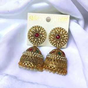 Pendientes Jhumka chapados en oro antiguo indio al por mayor, joyería étnica nupcial de templo, Jhumki para mujer, joyería tradicional para fiesta - Product Image 3