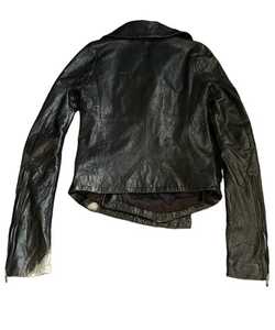 Unisex <b>Black</b> Genuine Leather Moto Jacket <b>Turtleneck</b> Zipper Closure Chains Decoration Slim Fit Regular Length Autumn Style - Product Image 2
