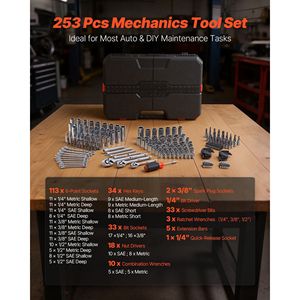Set di Attrezzi per Riparazione Auto da 253 Pezzi, Kit Meccanico con Chiavi a Bussola da 1/4, 3/8, 1/2 Pollici, Metriche e SAE, Cacciaviti per Manutenzione Veicoli - Product Image 3