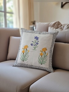 Multicolor Flower Motif Cushion <b>Cover</b> Hand Block Printed Cotton Decorative Pillow Case <b>for</b> <b>Sofa</b> Decor - Product Image 2
