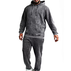 Ensemble de survêtement personnalisé pour homme grande taille en coton délavé, coupe décontractée, gris uni, manches longues, pour l'automne - Product Image 1