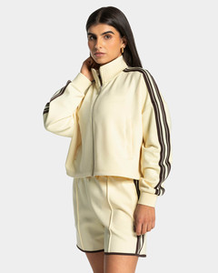 Conjunto Deportivo para Mujer, Chaqueta Corta Amarilla con Cierre y Hombros Caídos, Pantalones Cortos con Rayas, Sudadera con Capucha, Personalizable con Logotipo, Superventas - Product Image 3