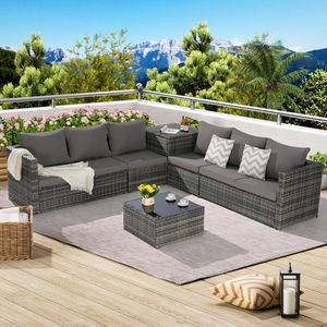 Juego de muebles de patio tejidos al aire libre de 6 piezas seccionales en forma de L con mesa de esquina y mesa superior de vidrio para uso junto a la piscina del patio trasero - Product Image 2