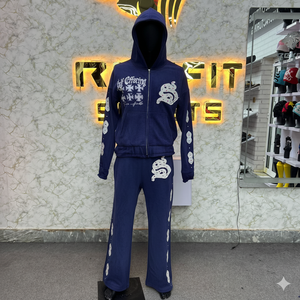 ชุดวอร์มมีฮู้ดสีน้ำเงินแบบ unisex ผ้าฝ้ายขายาว เสื้อและกางเกงลำลองสำหรับฤดูใบไม้ร่วง พร้อมลายพิมพ์สีขาว - Product Image 1