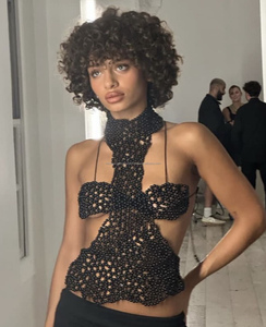 Women's Backless Halter Pearl Camisole Top Luxury Pearl Bra <b>with</b> Long Necklace and Matching <b>Panties</b> - Product Image 2