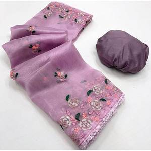 SÉQUENCE ORGANZA ATTRACTIVE ET CODAGE DE BRODERIE DE TRAVAIL SAREE AVEC BLOUSE NON COUSTÉE BÉBÉ ROSE - Product Image 1