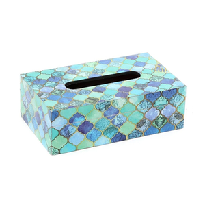 Caja de pañuelos de madera de estilo mediterráneo de excelente calidad en color azul con diseño de mosaico azul verdoso y diseño práctico. - Product Image 1