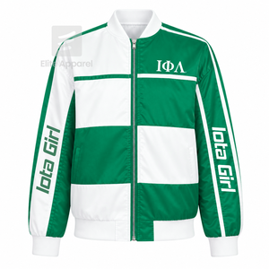 Veste coupe-vent personnalisée Iota Phi Lambda Sorority avec logo brodé vert et blanc, style décontracté pour femme, avec doublure en polyester - Product Image 1