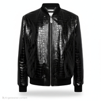 Blouson Bomber Homme Noir en PU Gaufré Effet Crocodile Col Montant Fermeture Éclair Style Moto Coupe Droite Idéal Automne