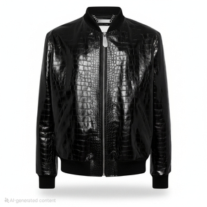 Chaqueta Bomber Negra para Hombre, Estilo Motociclista, con Cuello Alto y Cierre de Cremallera, Diseño de Cocodrilo en Relieve, Corte Regular, para Otoño - Product Image 4